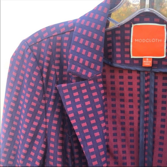 Modcloth Womens small Navy & Maroon Grid Print Bow Back dressy Casual blazer - Picture 8 of 8